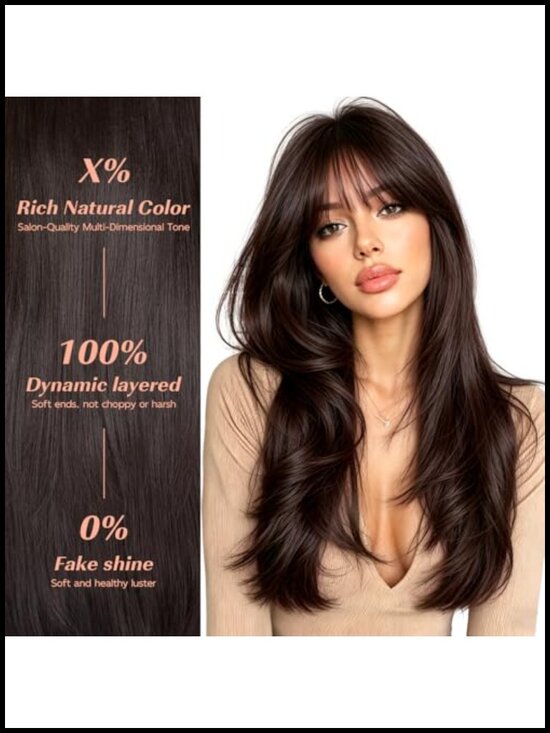 Layered Wig with Bangs for Women, 26 Inch Long Synthetic Hair, Glueless main image 4